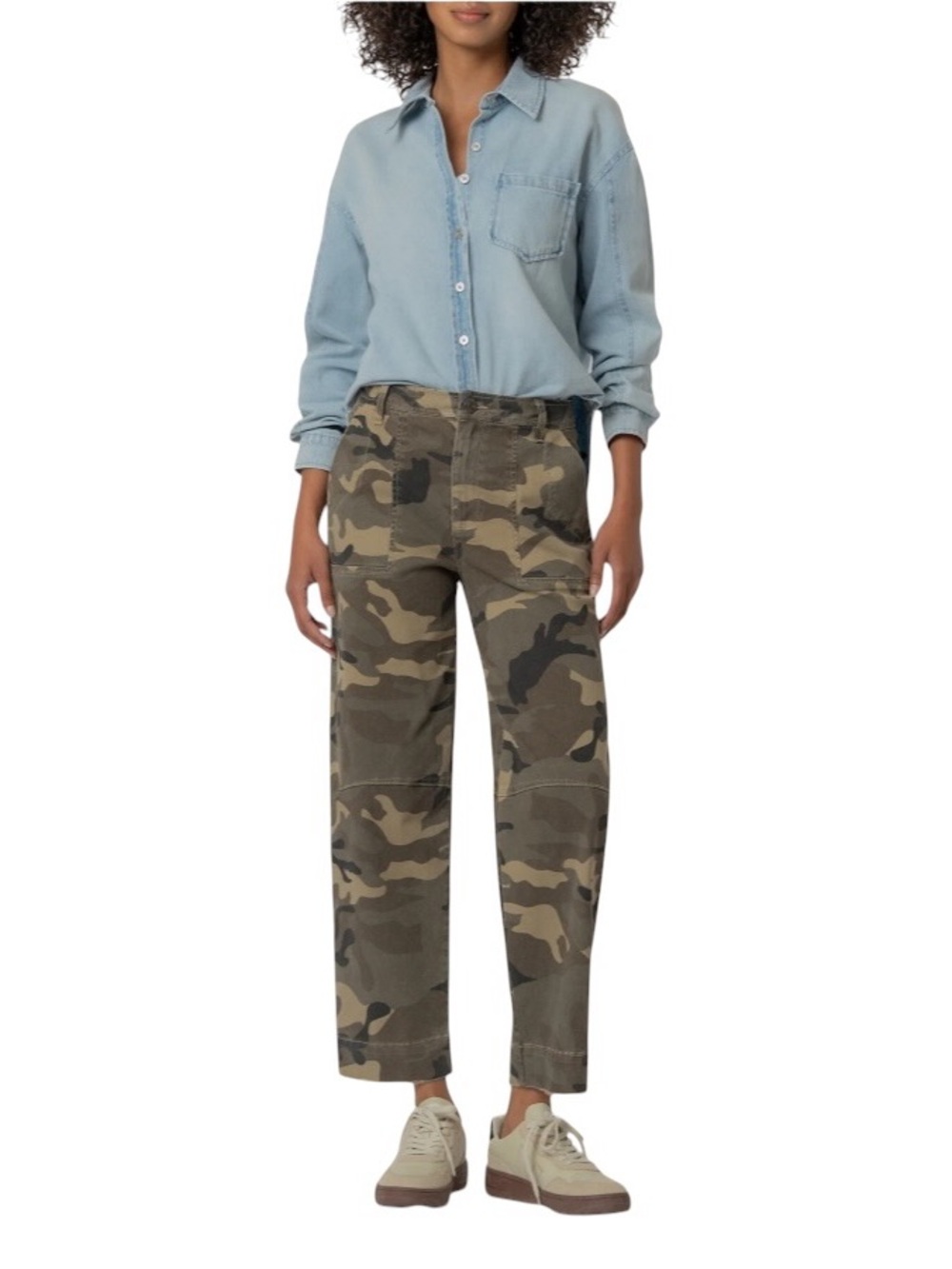 KUT From The Kloth Ashton High Rise Barrel Leg, Olive Camo, Size 14